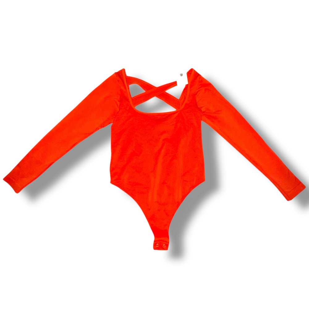 Anthropologie Red Long Sleeve Square Neck Crisscross Back‎ Bodysuit S/M